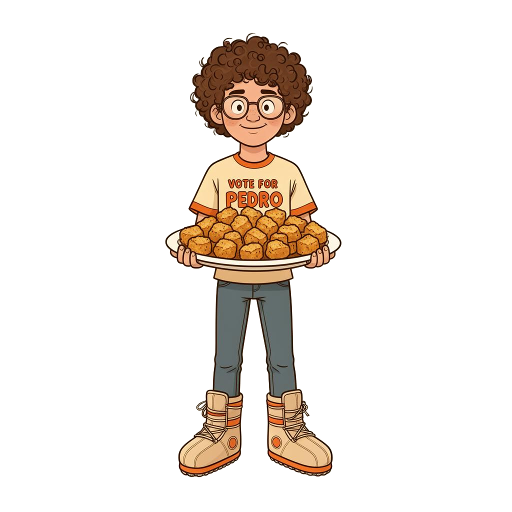 Napoleon-style cartoon character holding a plate of tater tots
